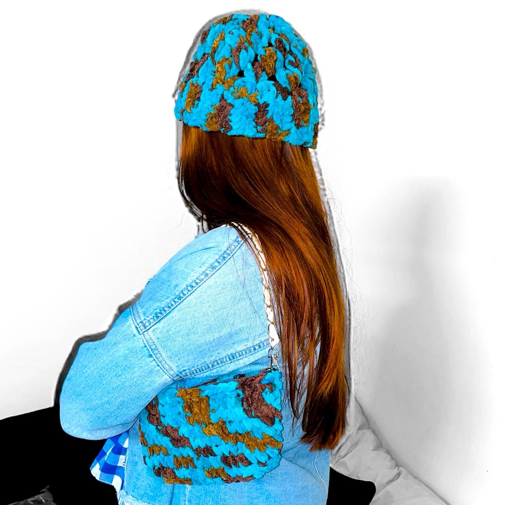 NEW Handmade Crochet Beanie and Mini Bag in Blue and Brown Color - Adult Size